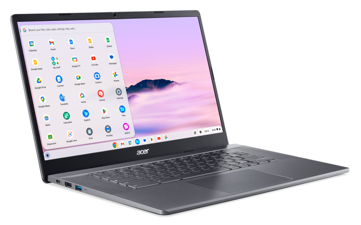 Laptop z systemem Chrome OS, z menu aplikacji po lewej stronie.