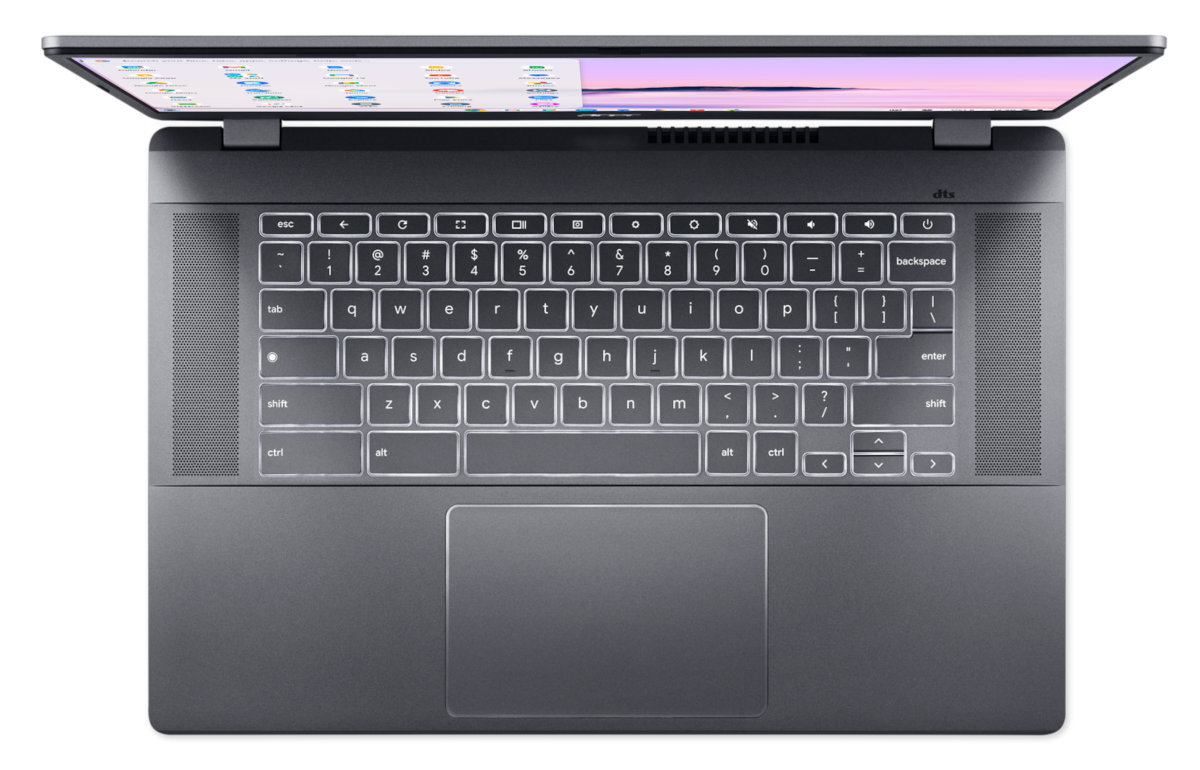 Klawiatura laptopa z podświetleniem, widok z góry. Szara ramka i klawisze, białe podświetlane klawisze, czarne tło.