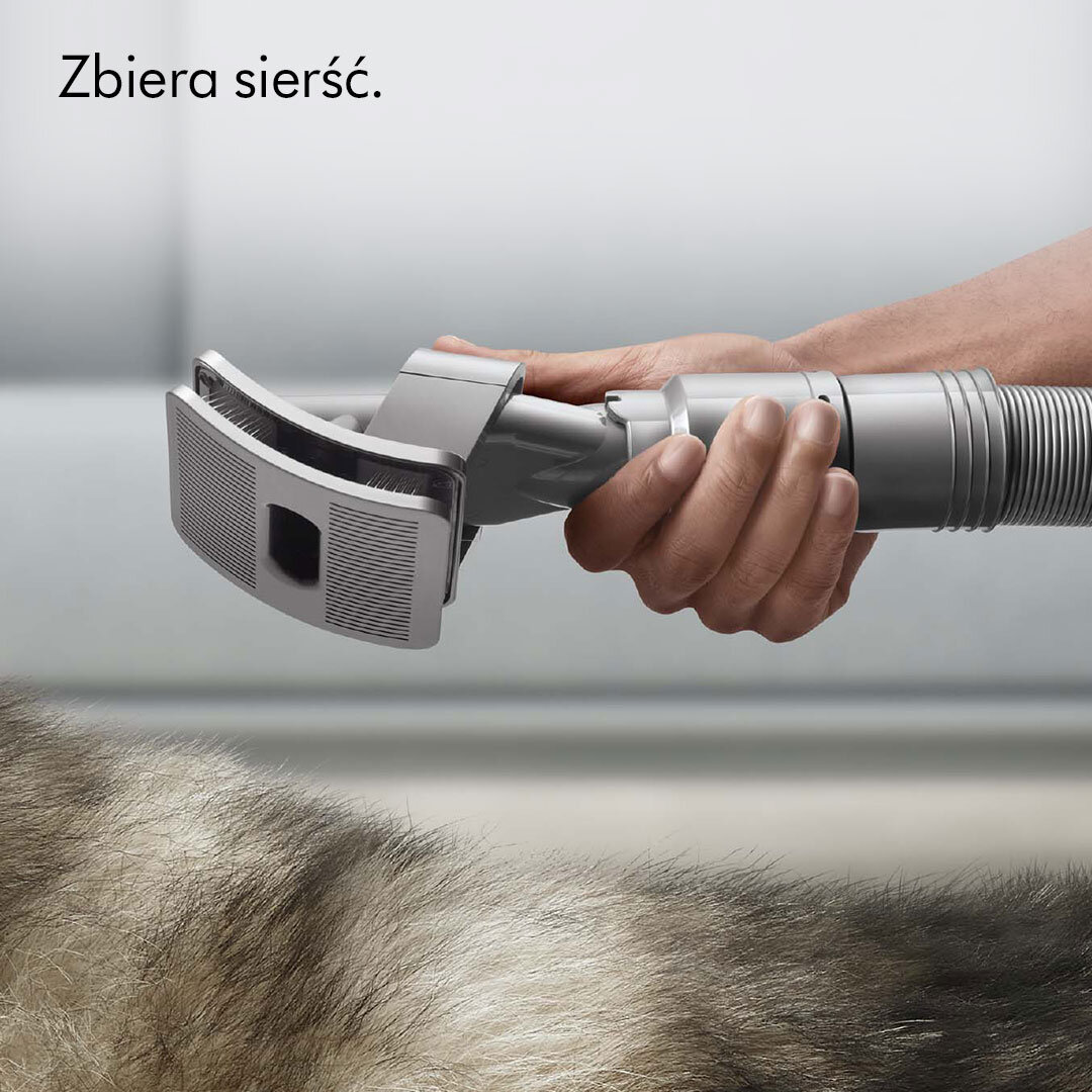 Ręka osoby używającej przystawki do odkurzacza do pielęgnacji puszystego, szarego psa.