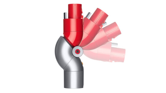 Czerwone i srebrne mocowanie do odkurzacza, ustawione pod kątem, aby pokazać różne pozycje.
