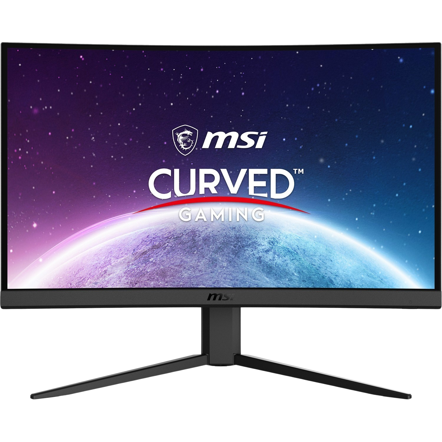 MSI curved gaming monitor, black frame, display shows a galaxy and the MSI logo.