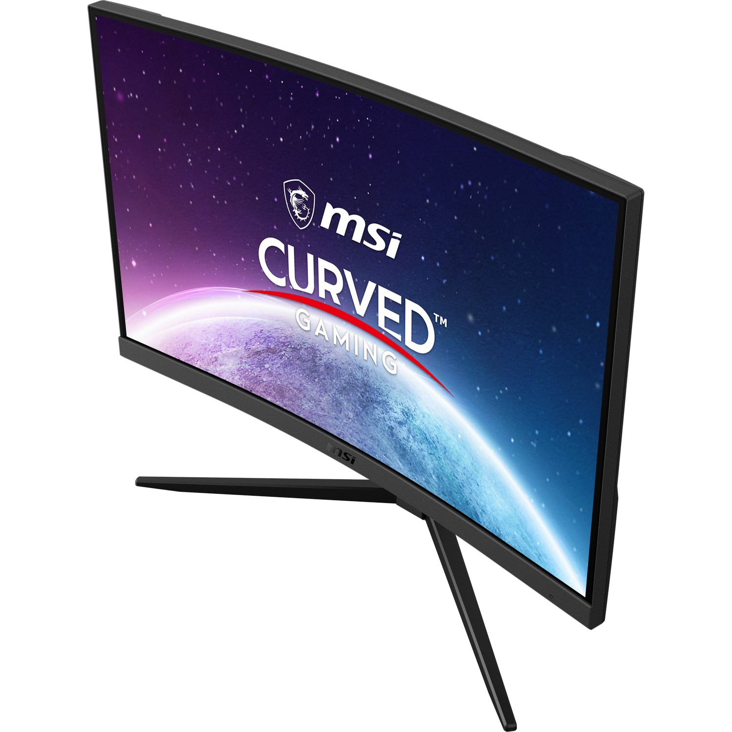 Curved gaming monitor with the MSI logo, showing a space-themed display.