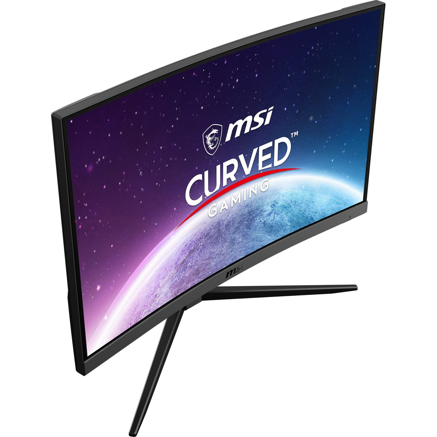 A black MSI curved gaming monitor on a white surface. The screen displays a space scene.