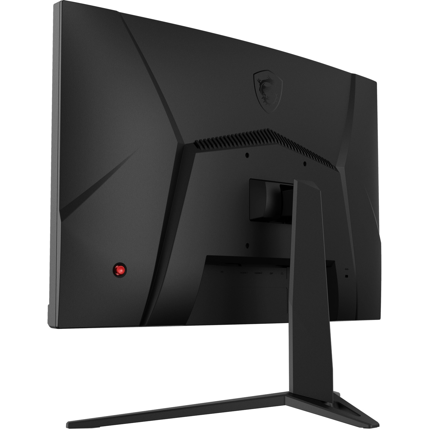 Rear view of a black computer monitor with a stand, showing ports and a red power button.