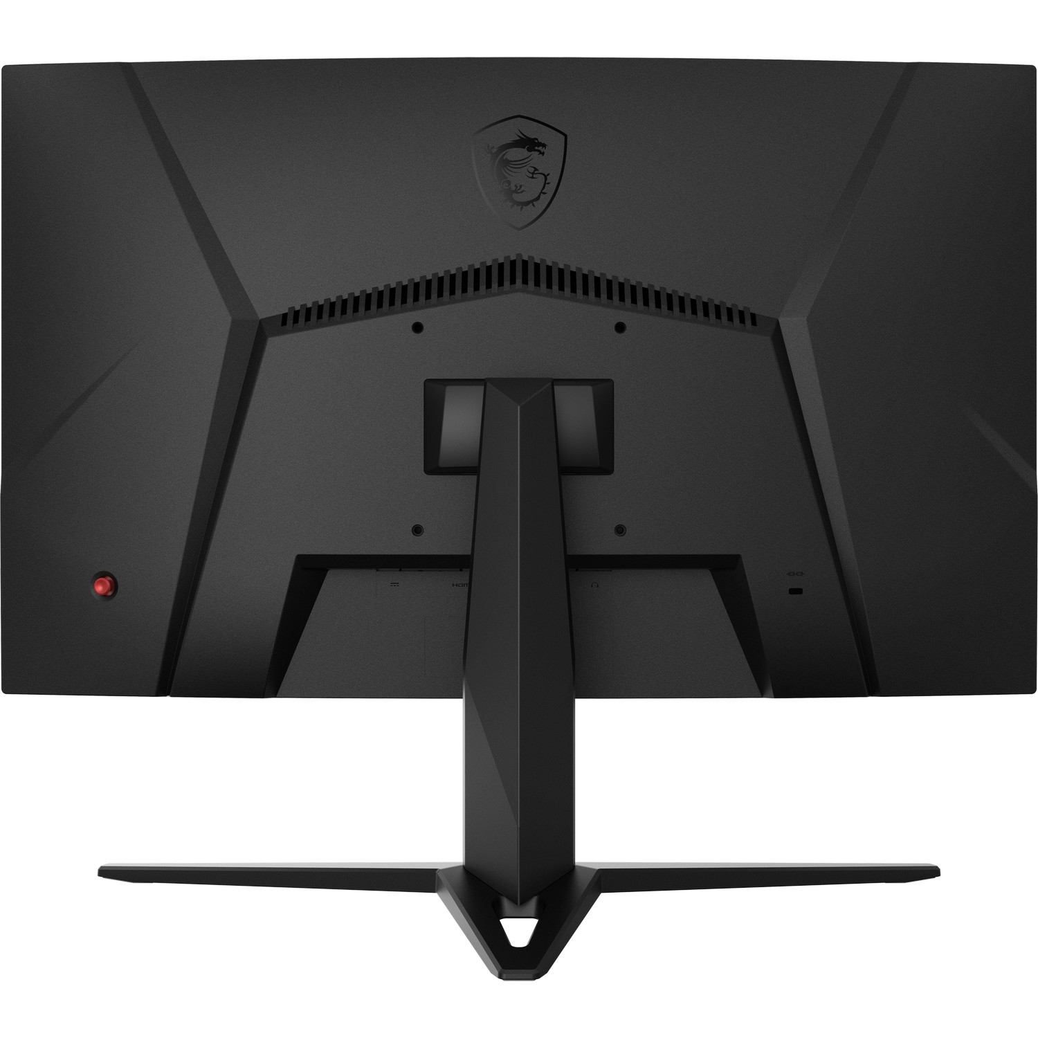 Back view of a black MSI monitor with a logo and stand, with a red power light.