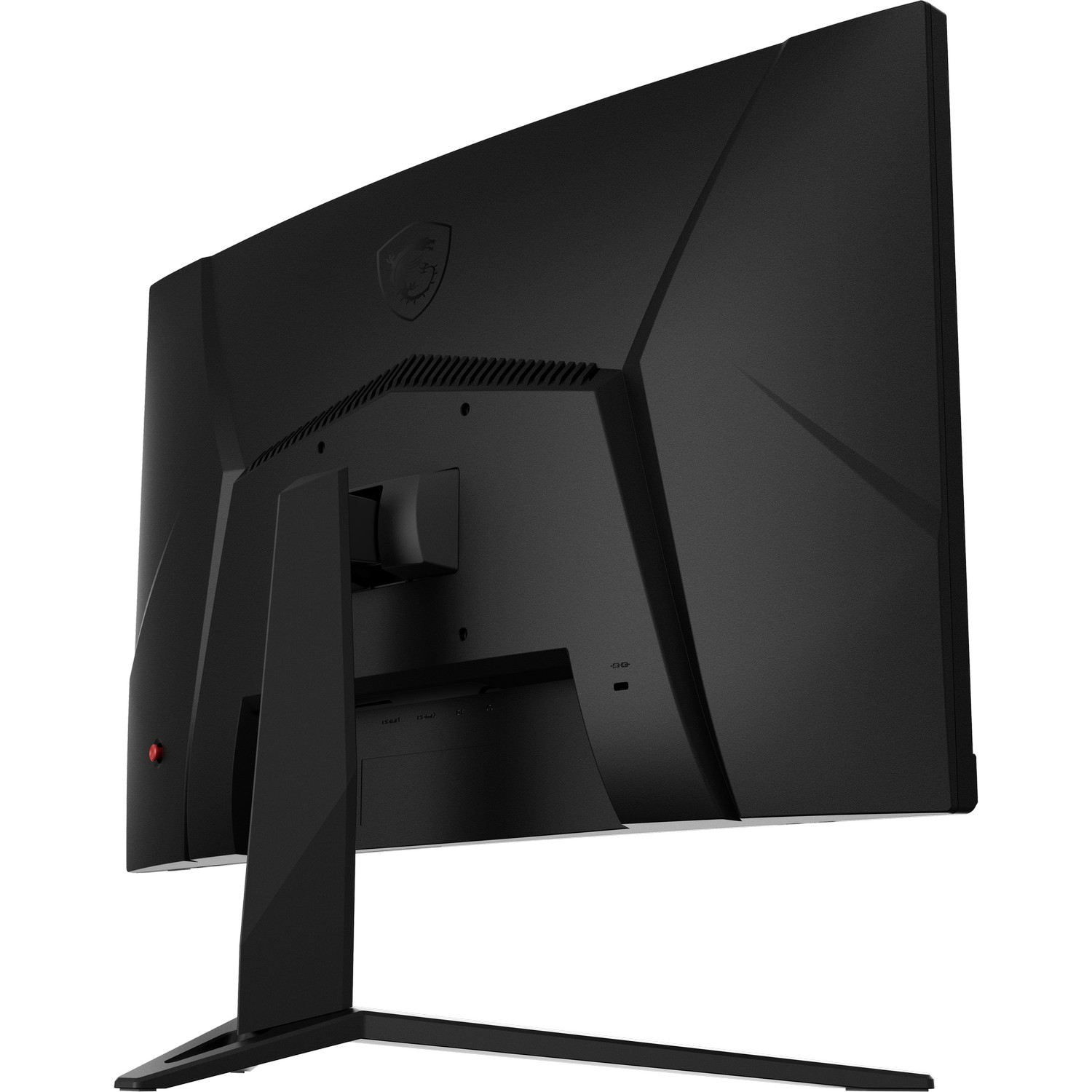 Rear view of a black MSI monitor with a stand. The back has a logo and ports.