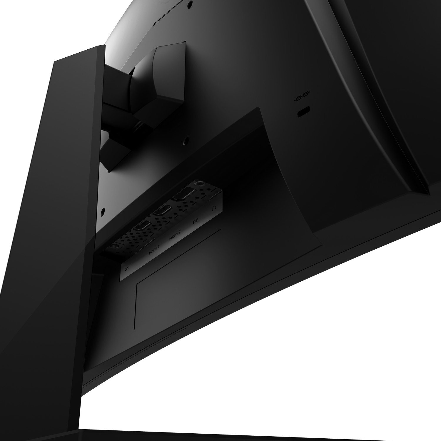 Black monitor back with ports, showcasing HDMI and power connections, isolated on white.