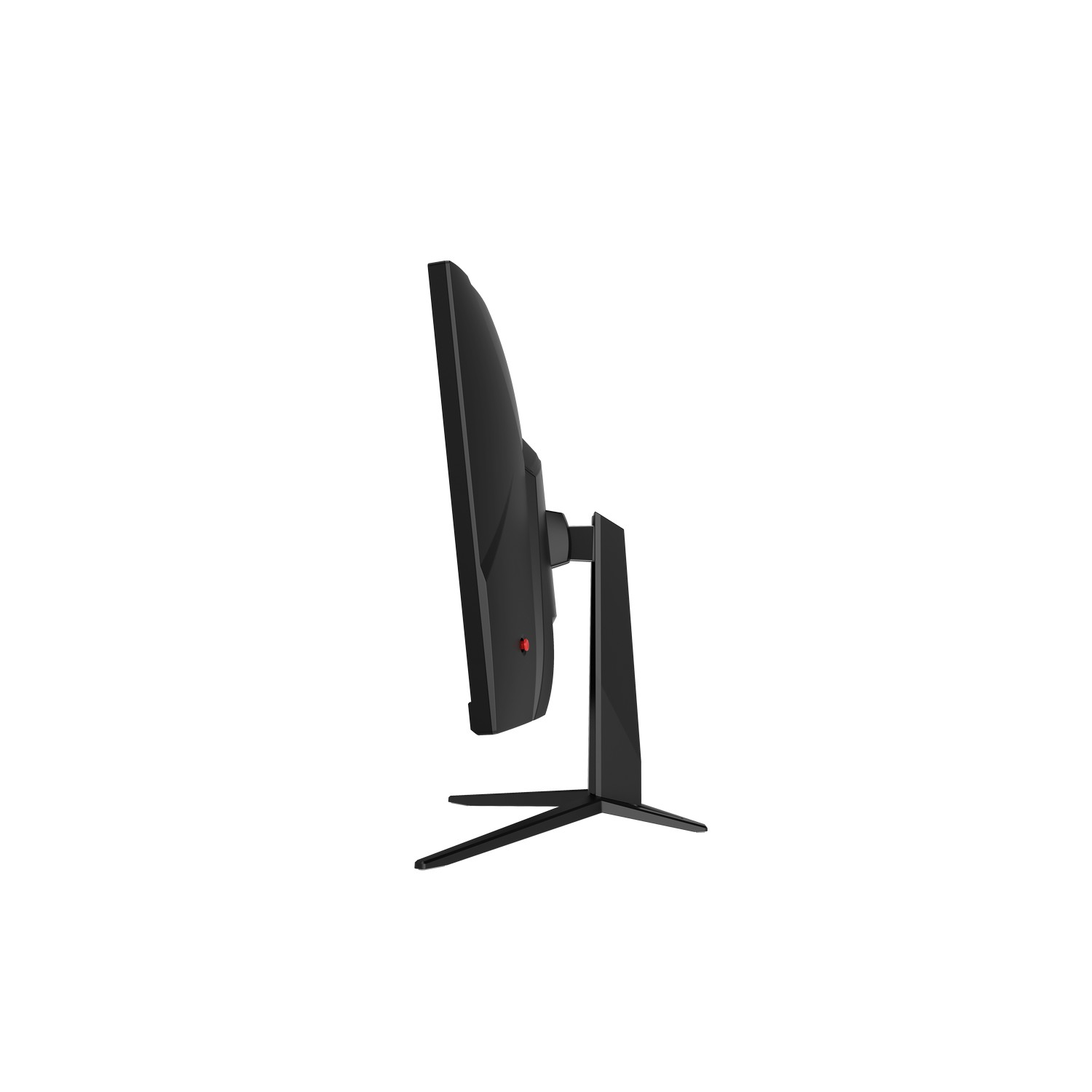 Black computer monitor, side view, on white. Base and stand are black. Monitor is black.