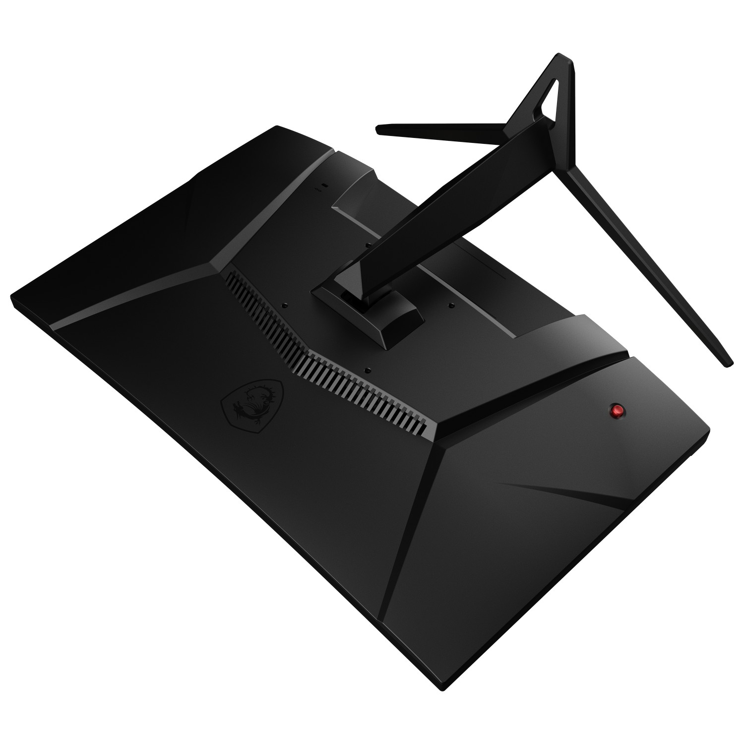 The back of a black computer monitor with a stand and a red power button.