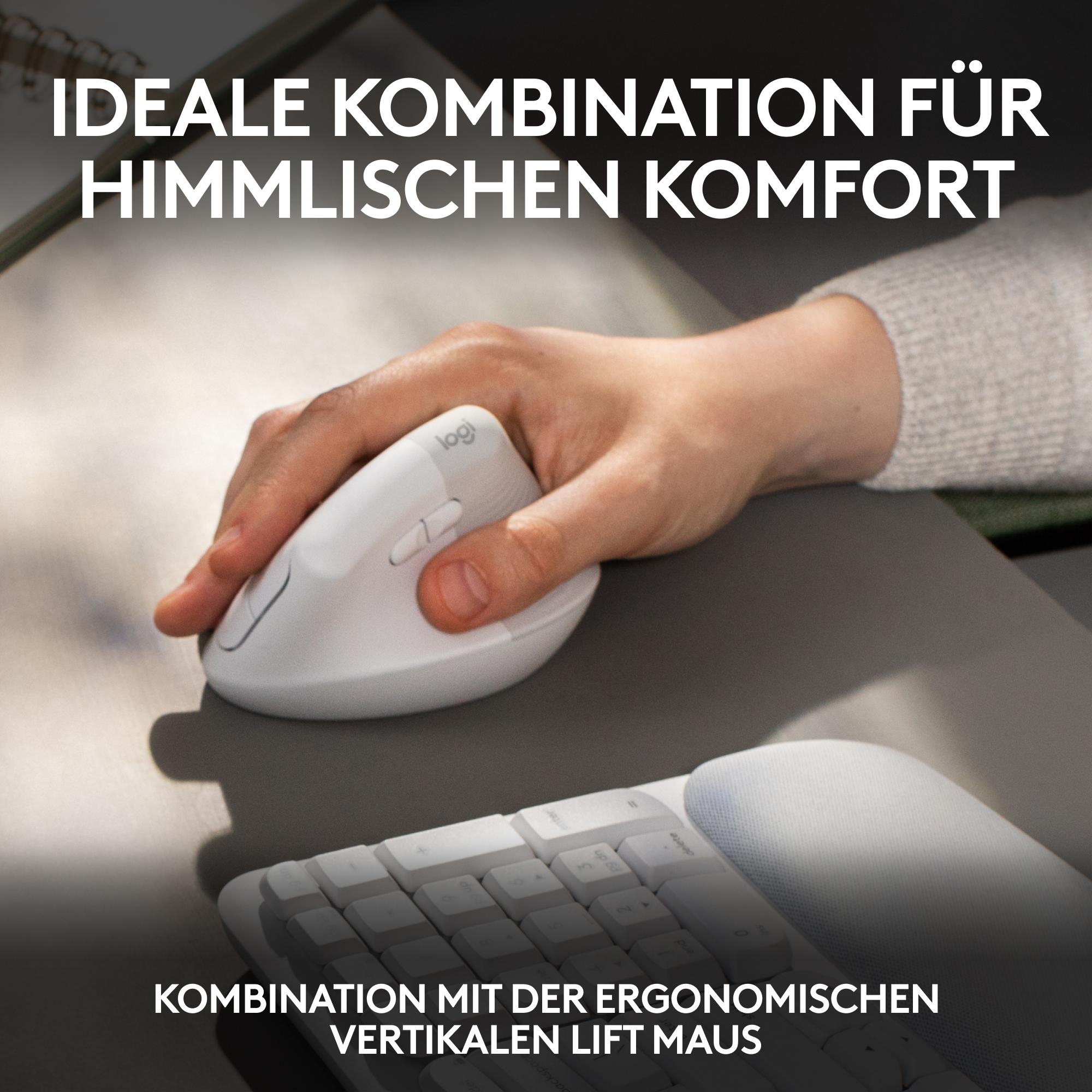 Hand auf weißer ergonomischer Maus. Weiße Tastatur und grauer Schreibtisch. Text: „Ideale Kombination“.