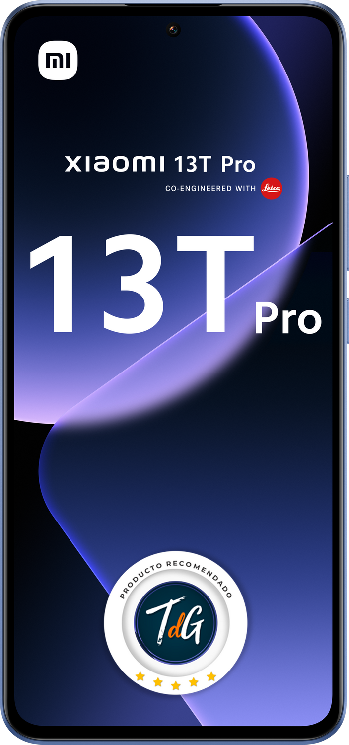 Teléfono Xiaomi 13T Pro con pantalla grande, sello de producto recomendado y marca Leica.