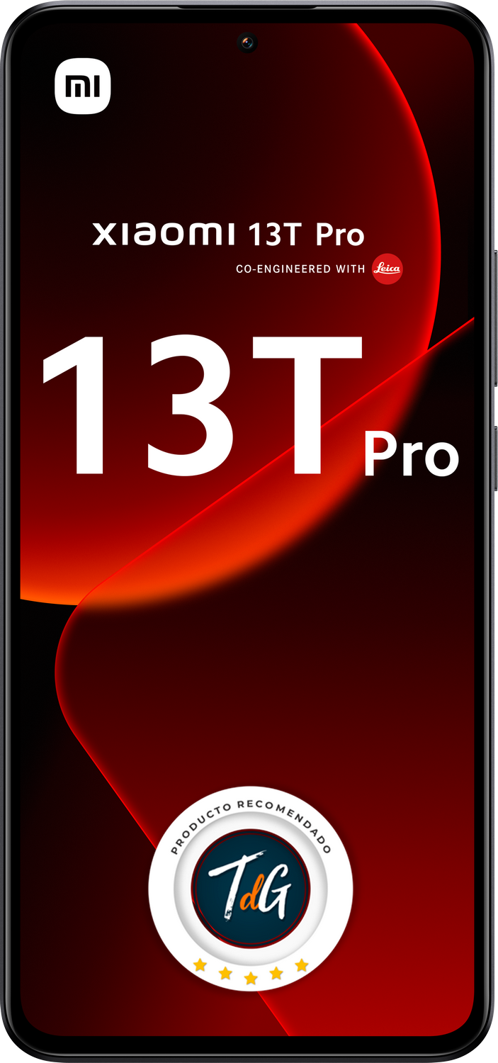 Un smartphone negro con el texto 'Xiaomi 13T Pro' sobre un fondo rojo degradado.
