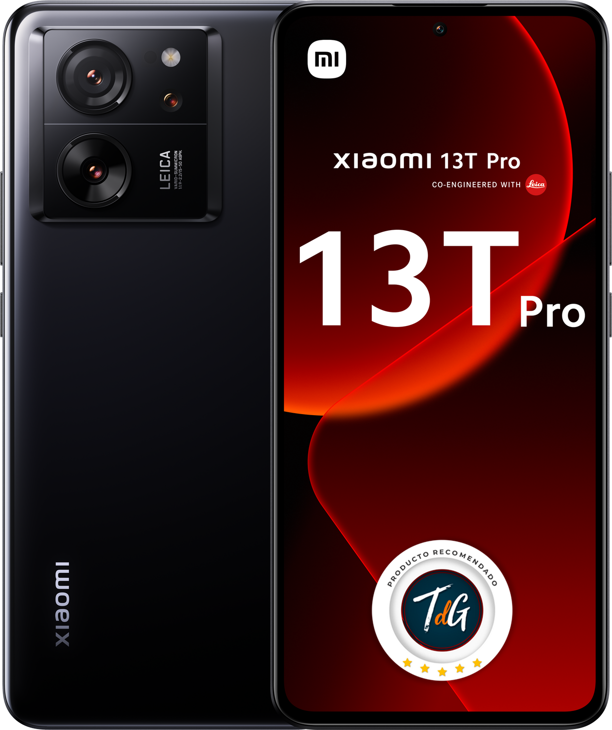 Teléfono Xiaomi 13T Pro negro, vista trasera y frontal. Cámara Leica. Fondo rojo y negro.