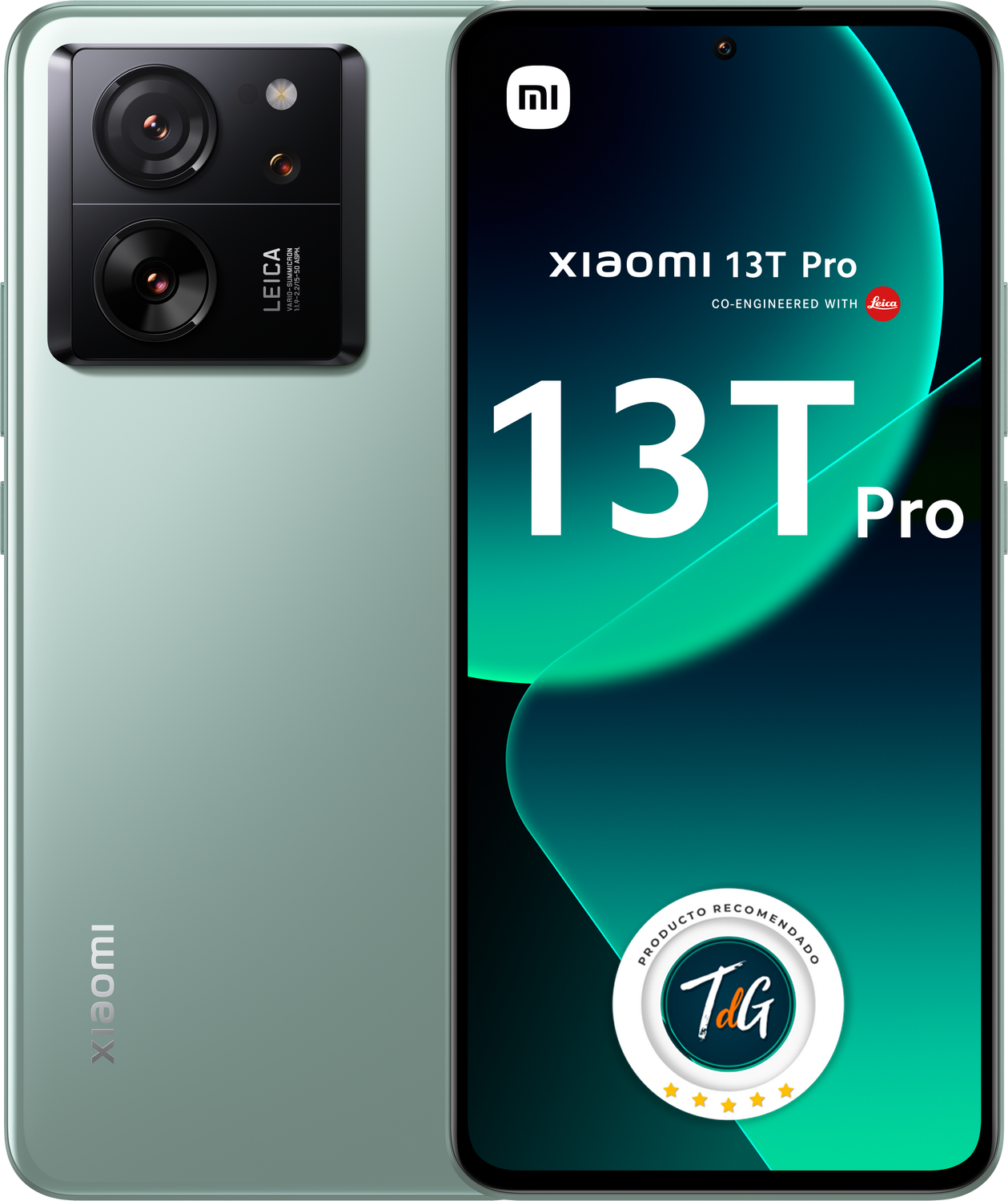 Smartphone Xiaomi 13T Pro verde y negro con triple cámara.