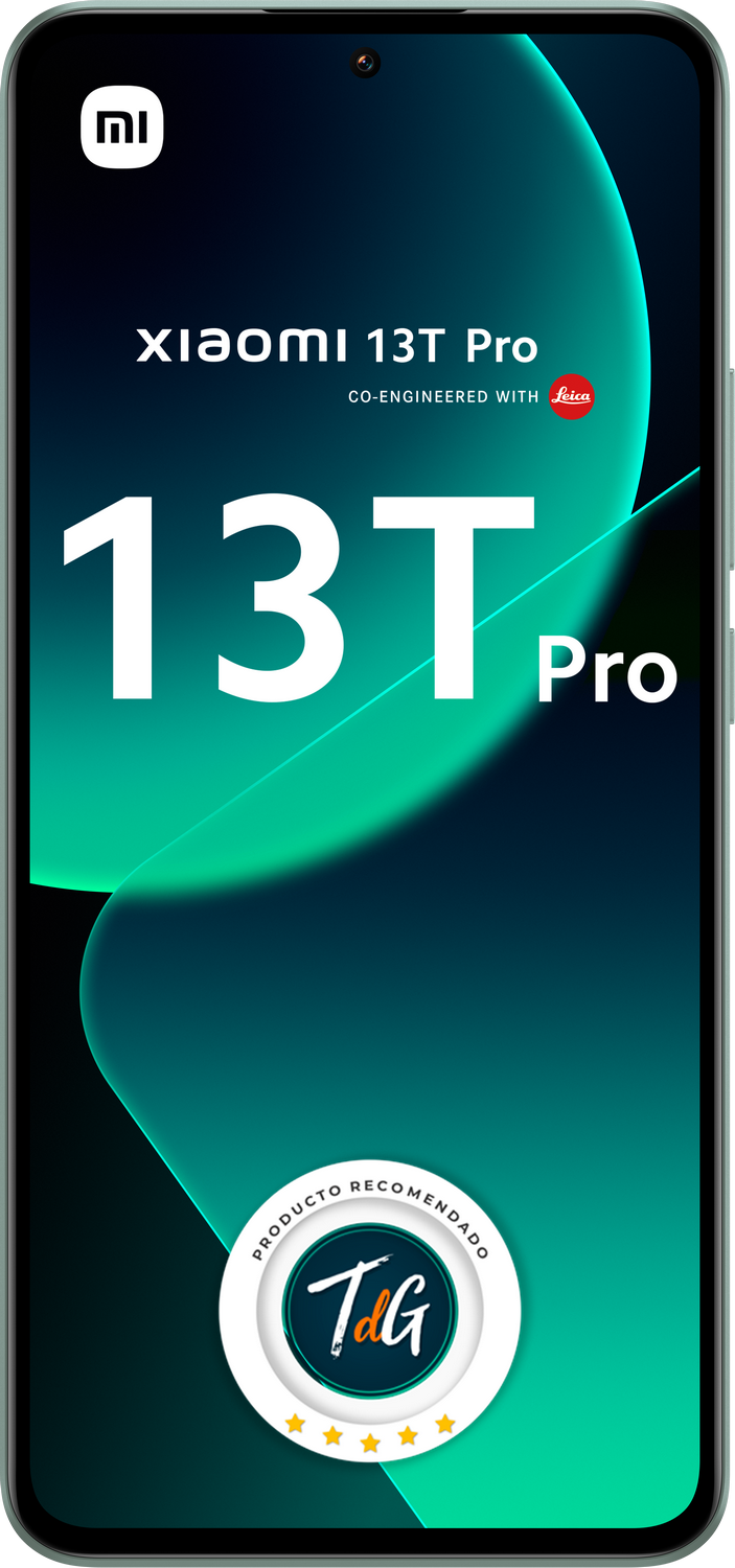 Se muestra un smartphone. Es negro con una pantalla grande con un degradado turquesa y blanco. El logotipo de Xiaomi está en la parte superior.
