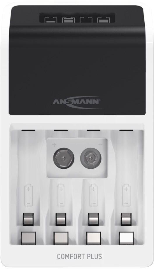 Weißes und schwarzes Batterieladegerät mit vier Schlitzen, einem schwarzen Oberteil und dem Markennamen ANSMANN.