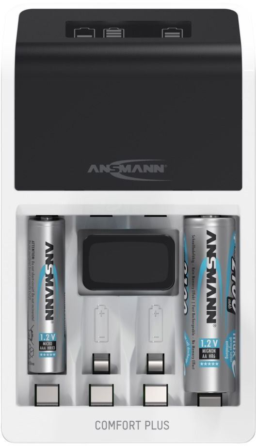 Weißes und schwarzes Ansmann-Batterieladegerät mit zwei AA-Batterien. Comfort Plus steht drauf.