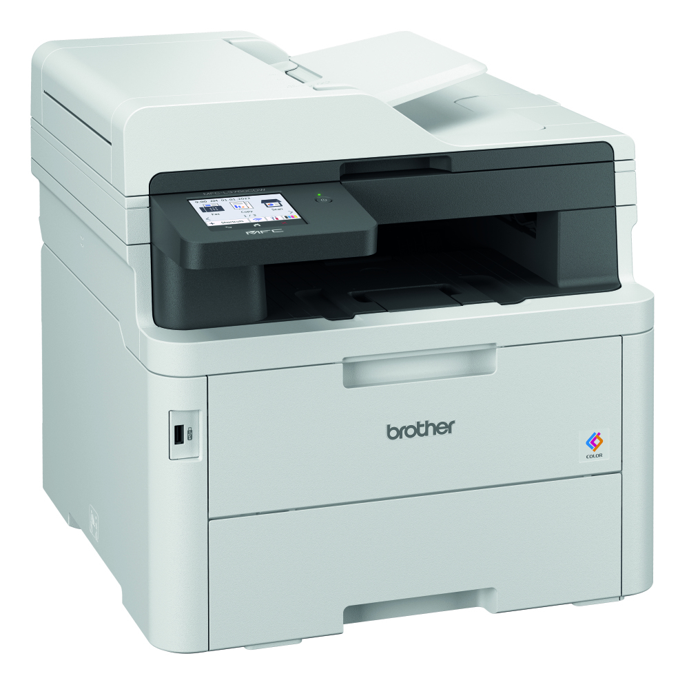 Ein weiß-grauer Brother-Drucker mit schwarzem Oberteil und Bildschirm. Er hat ein Papierfach und das Brother-Logo.