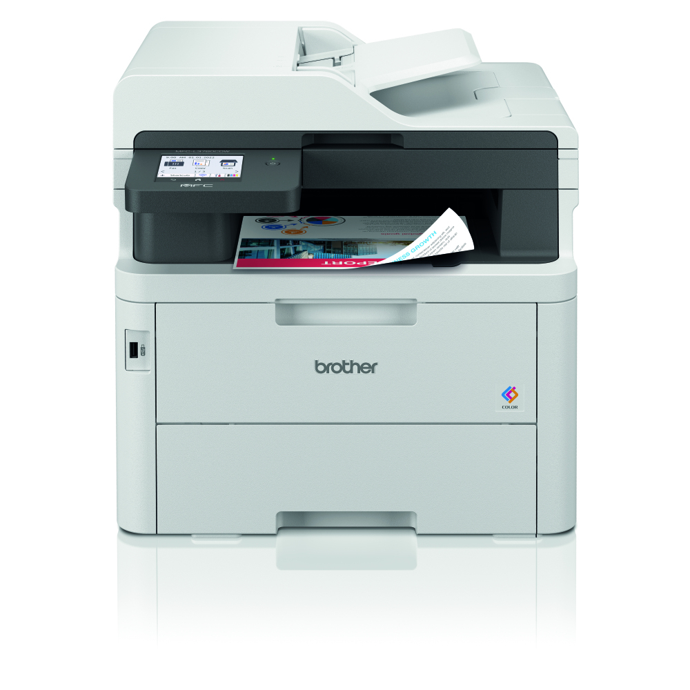 Weißer und schwarzer Brother-Drucker mit sichtbarem Papier.