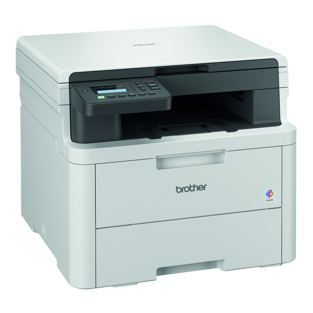 Weißer Brother-Drucker mit schwarzen Akzenten und Bedienfeld. Hat zwei Papierfächer und das Wort "brother" ist sichtbar.