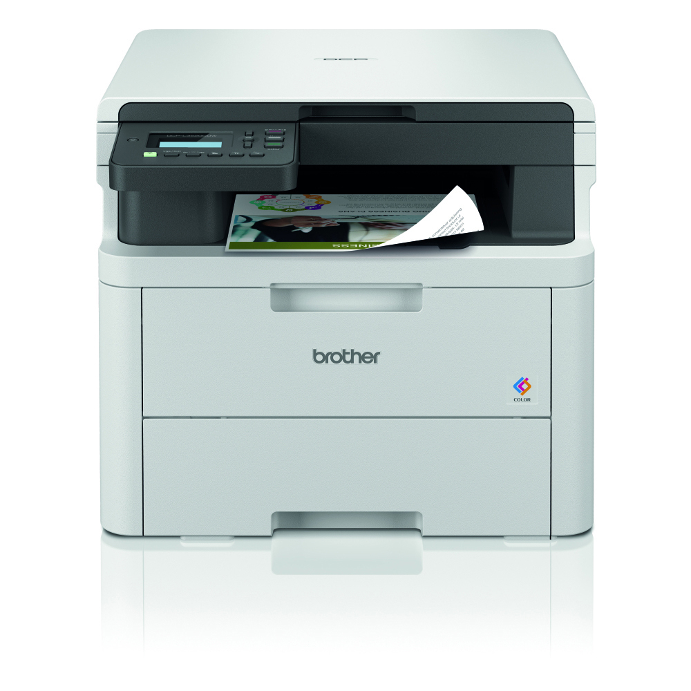 Weißer und schwarzer Brother-Drucker mit Papier darin.