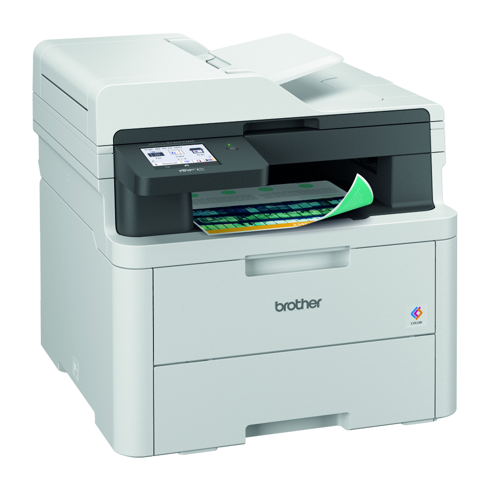 Weißer und grauer Brother-Drucker mit einer herauskommenden gedruckten Seite. Ein Bildschirm ist sichtbar.