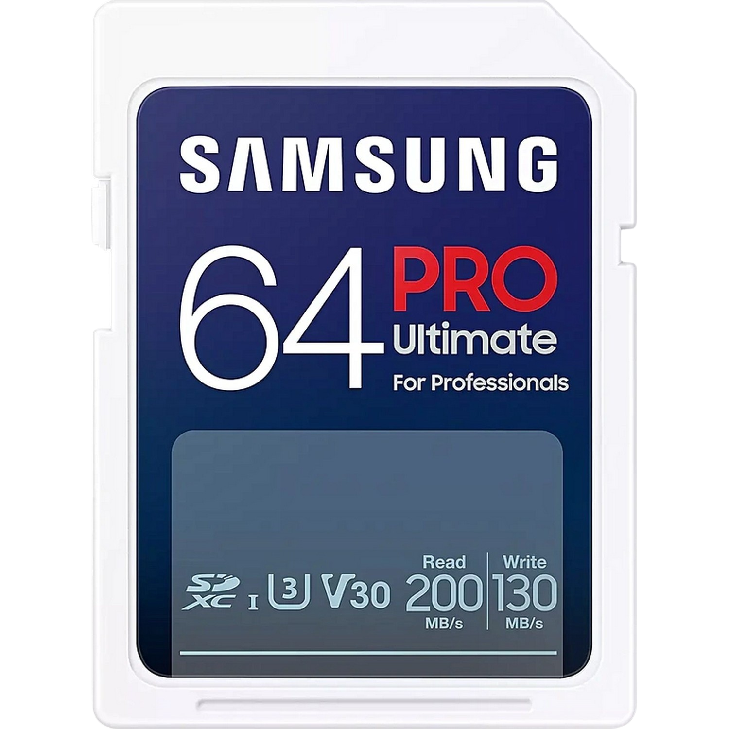 Een 64 GB Samsung Pro SD-kaart, blauw met witte tekst, met de tekst 64 Pro Ultimate.