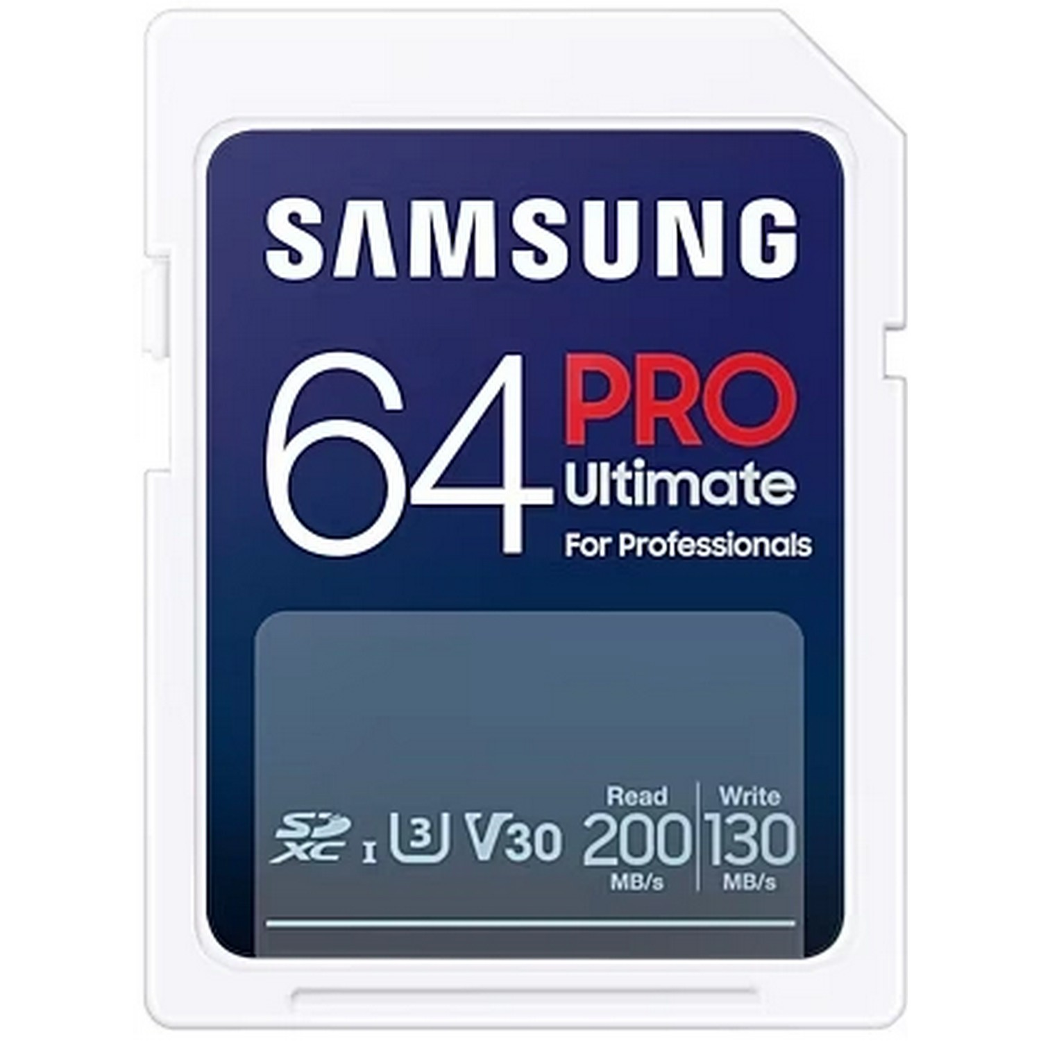 Een geheugenkaart met de woorden 'SAMSUNG 64 PRO Ultimate'.