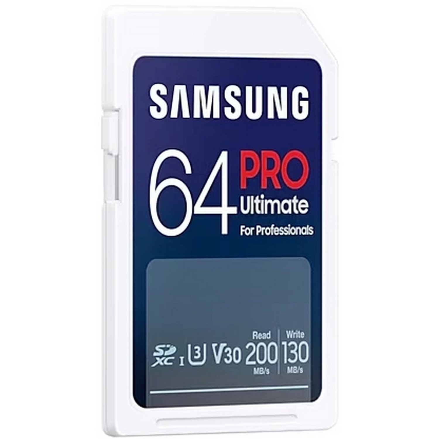 Witte Samsung SD-kaart, met merknaam en 64 Pro-label.