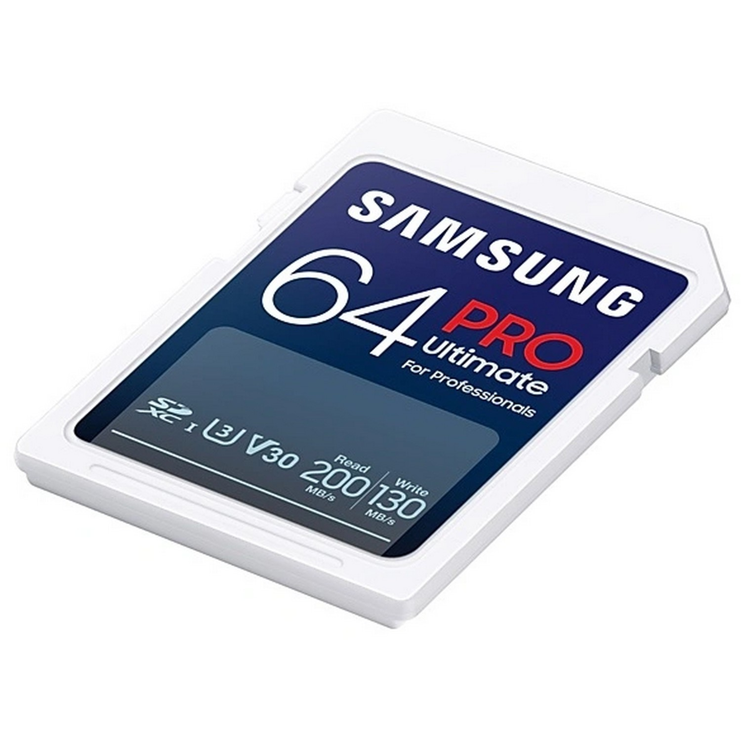 Een witte Samsung 64 GB Pro Ultimate SD-kaart.