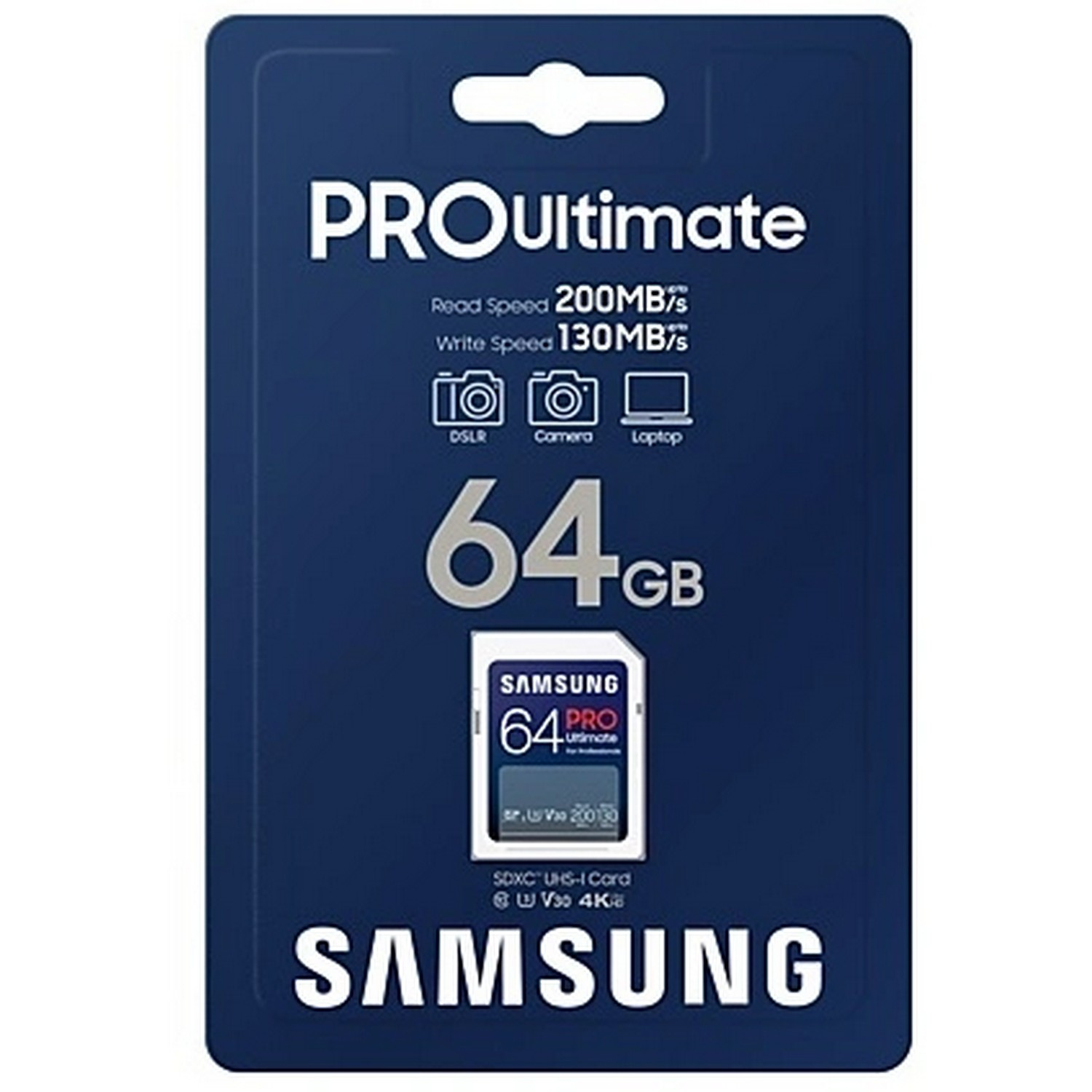 SD-kaart verpakking. Het is donkerblauw met de tekst PRO Ultimate, Samsung en een 64 GB kaartafbeelding.