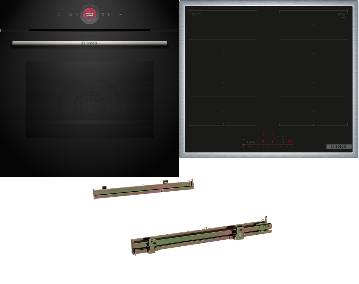 Schwarzer Ofen und Kochfeld mit Befestigungshardware auf weißem Hintergrund.
