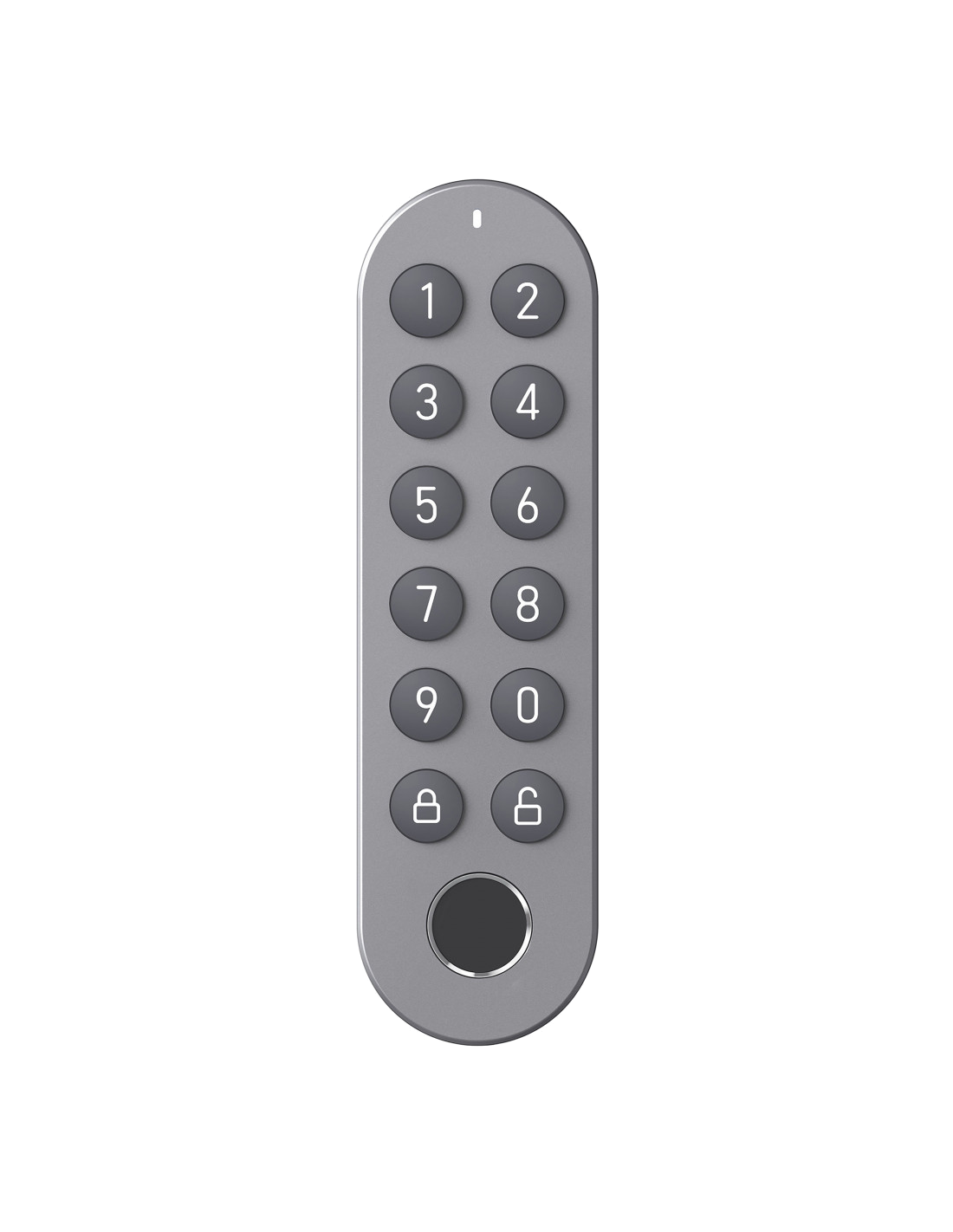 Un teclado gris con números, un icono de candado y un sensor de huellas dactilares abajo.
