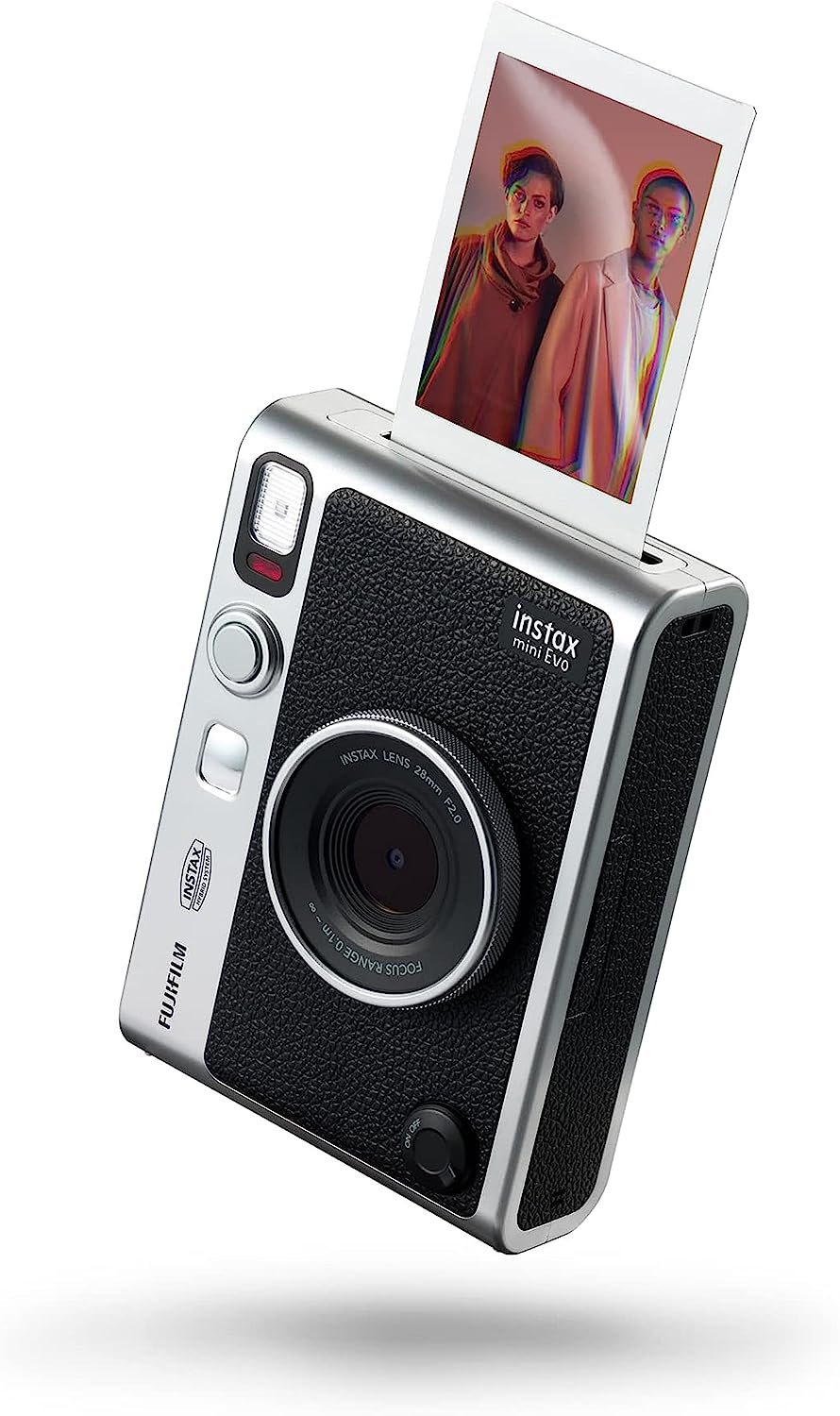 Cámara Instax Mini Evo, negra y plateada, con una foto saliendo.