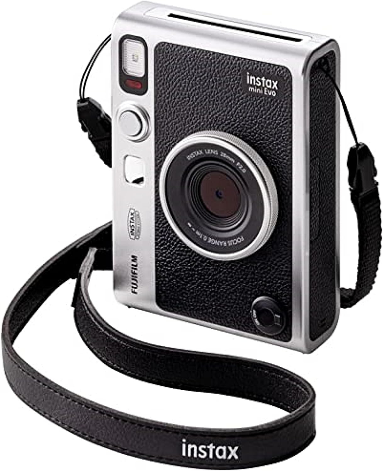 Cámara Instax Mini Evo negra y plateada con una correa negra. Fondo blanco.