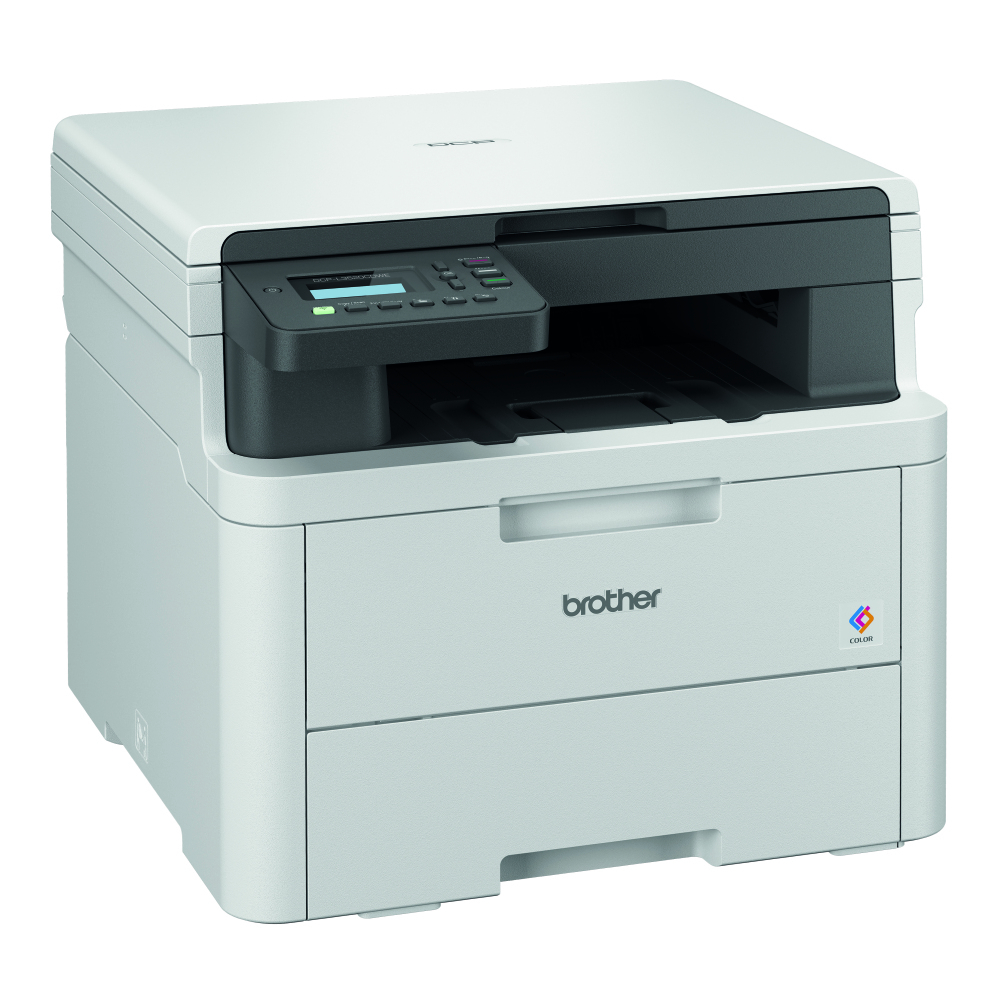 Weißer Brother-Drucker mit Bedienfeld und Papierfach. Farblogo sichtbar.