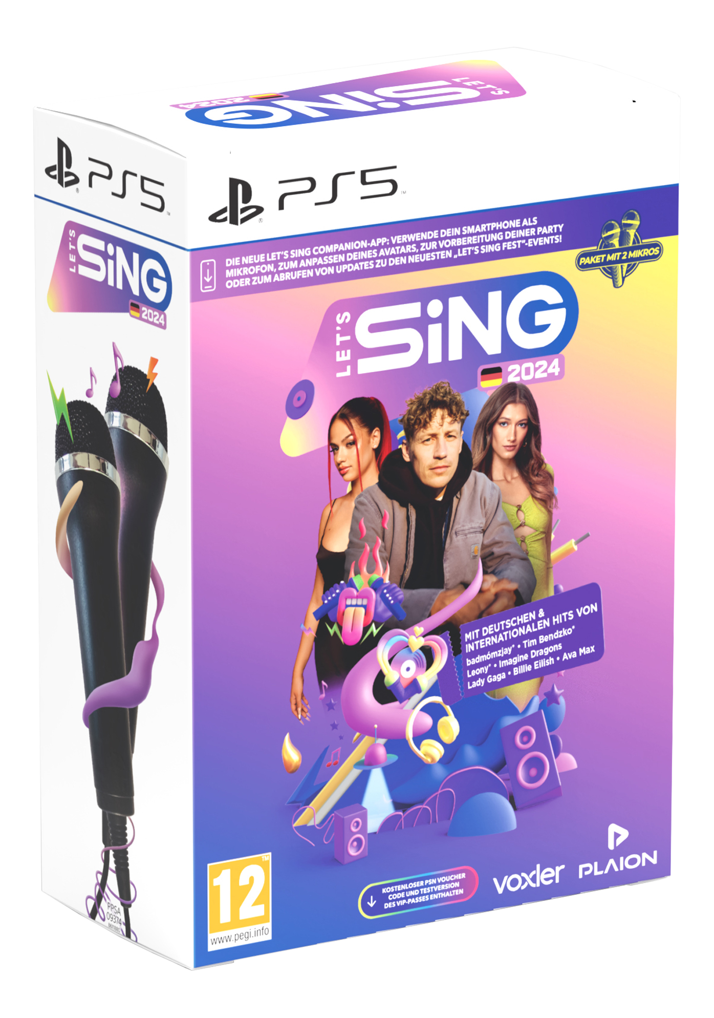 Box für das Spiel Let's Sing 2024 mit zwei Mikrofonen, PS5-Logo und Personen.