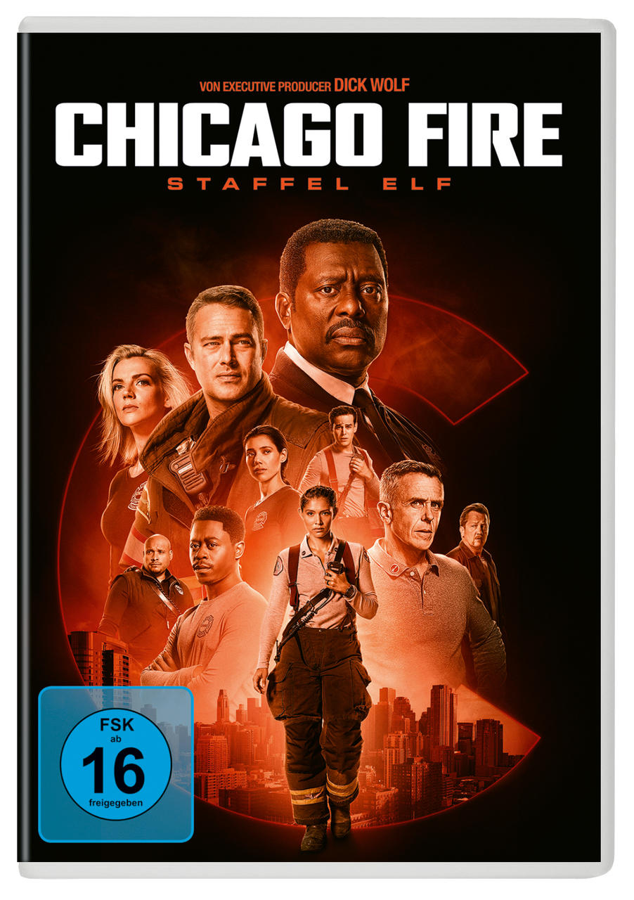 DVD-Cover für Chicago Fire. Eine Gruppe von Schauspielern im Hintergrund und ein Feuerwehrmann im Vordergrund.