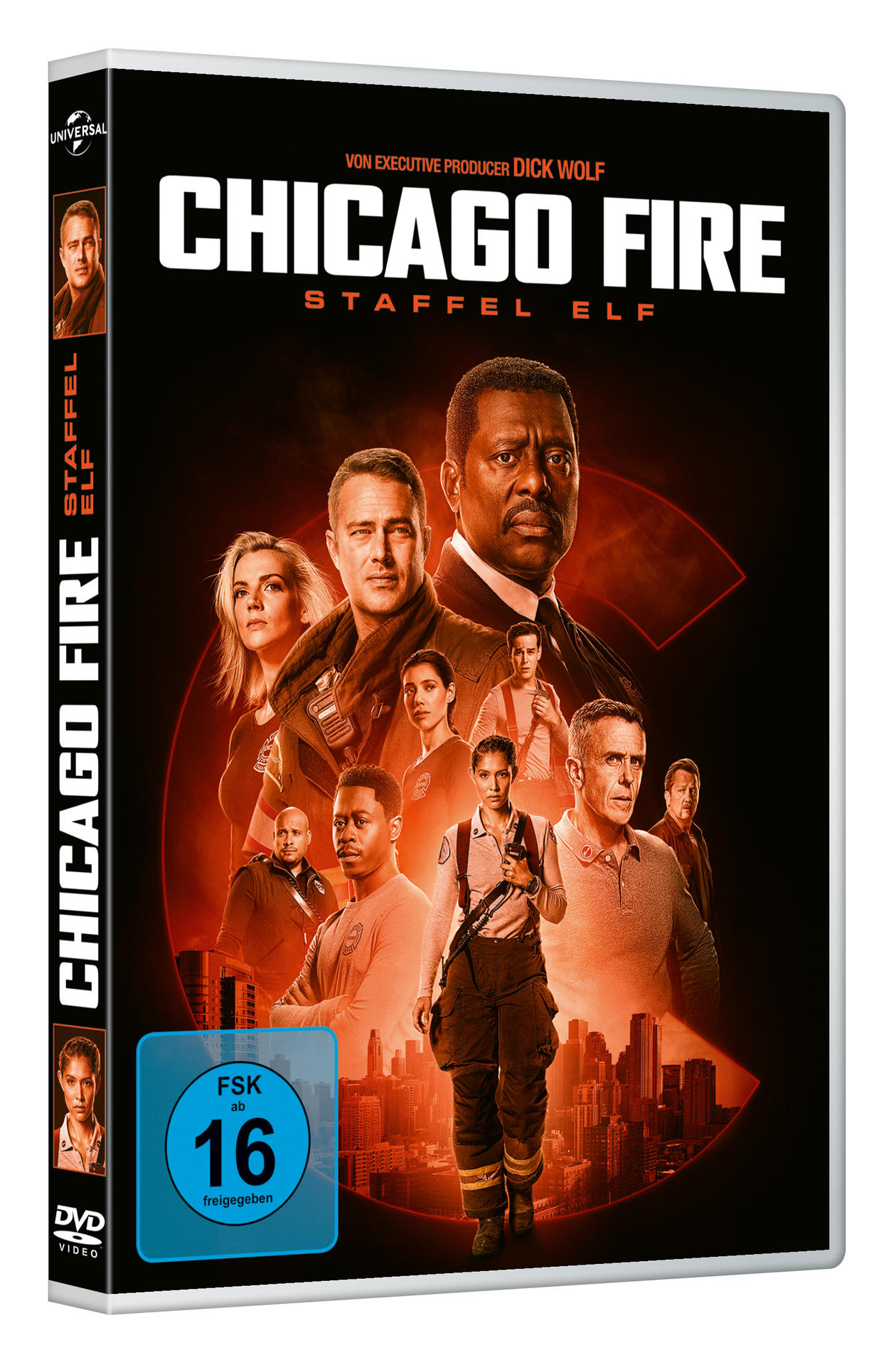 DVD-Hülle für 'Chicago Fire', Staffel Elf. Cover zeigt Fotos der Besetzung und Titeltext. Die Bewertung ist FSK 16.