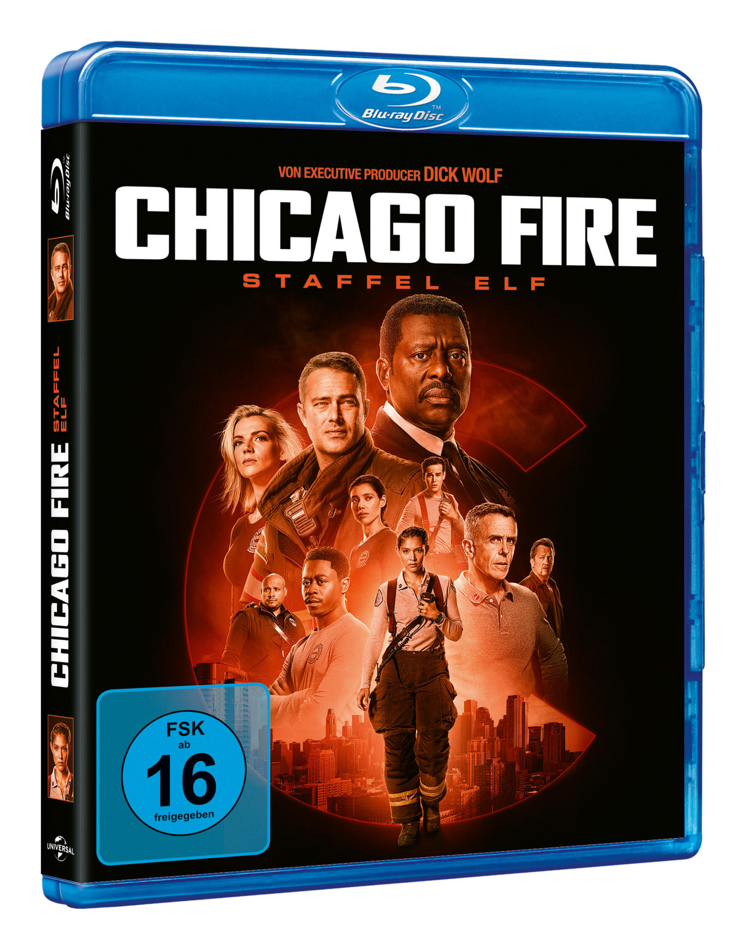 Blaue Blu-ray-Disc-Hülle mit 'Chicago Fire'-Schauspielern und Text, Feuer-Hintergrund.
