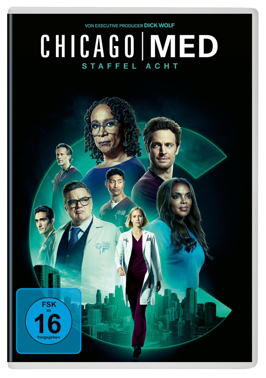 DVD-Cover für "Chicago Med". Schauspielergruppe mit dunkelgrünem Hintergrund und Serientitel.