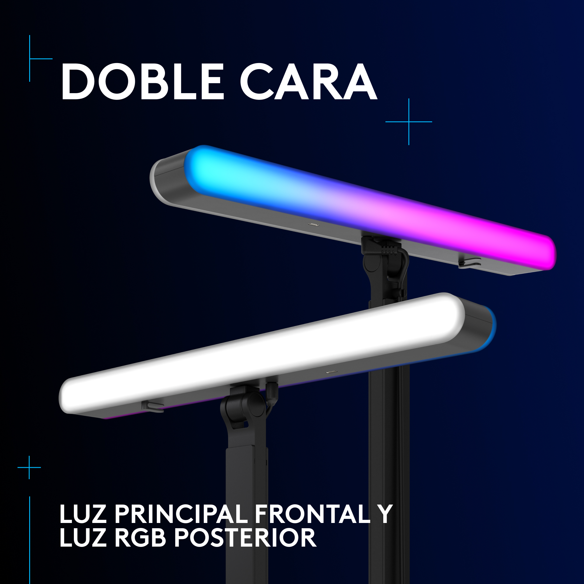 Una luz LED de doble cara con luces coloridas, azules y rosas sobre un fondo oscuro.