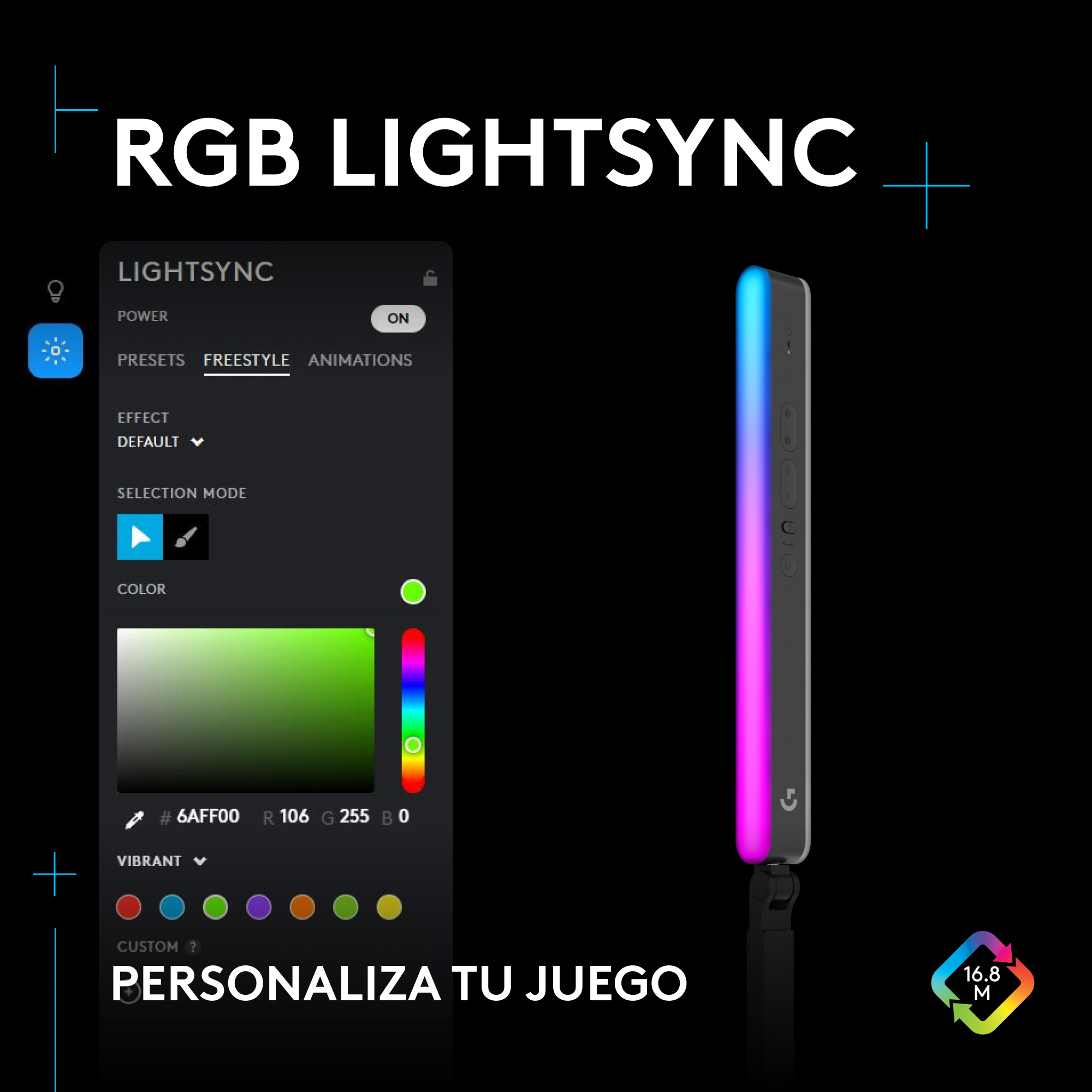 Panel de control Lightsync RGB con una barra de luz. Muestra opciones de color y ajustes.