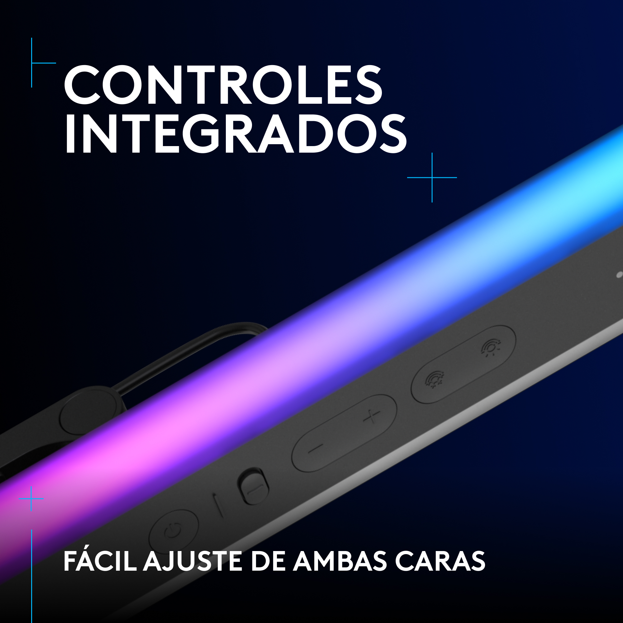 Primer plano de controles integrados en dispositivo negro con efecto de luz degradado y texto en español.