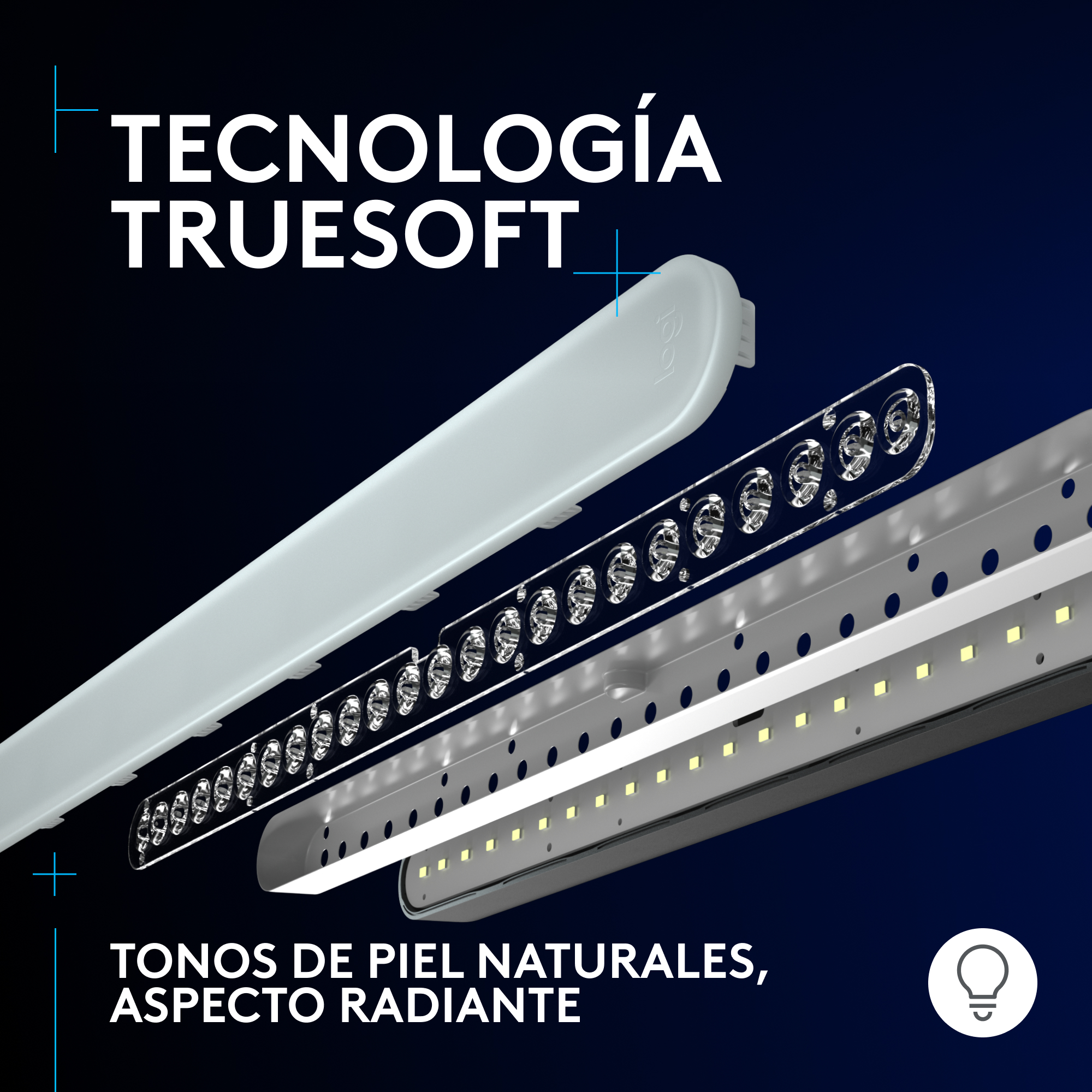 Vista explosionada de una barra de luz, mostrando capas de componentes con texto en español.