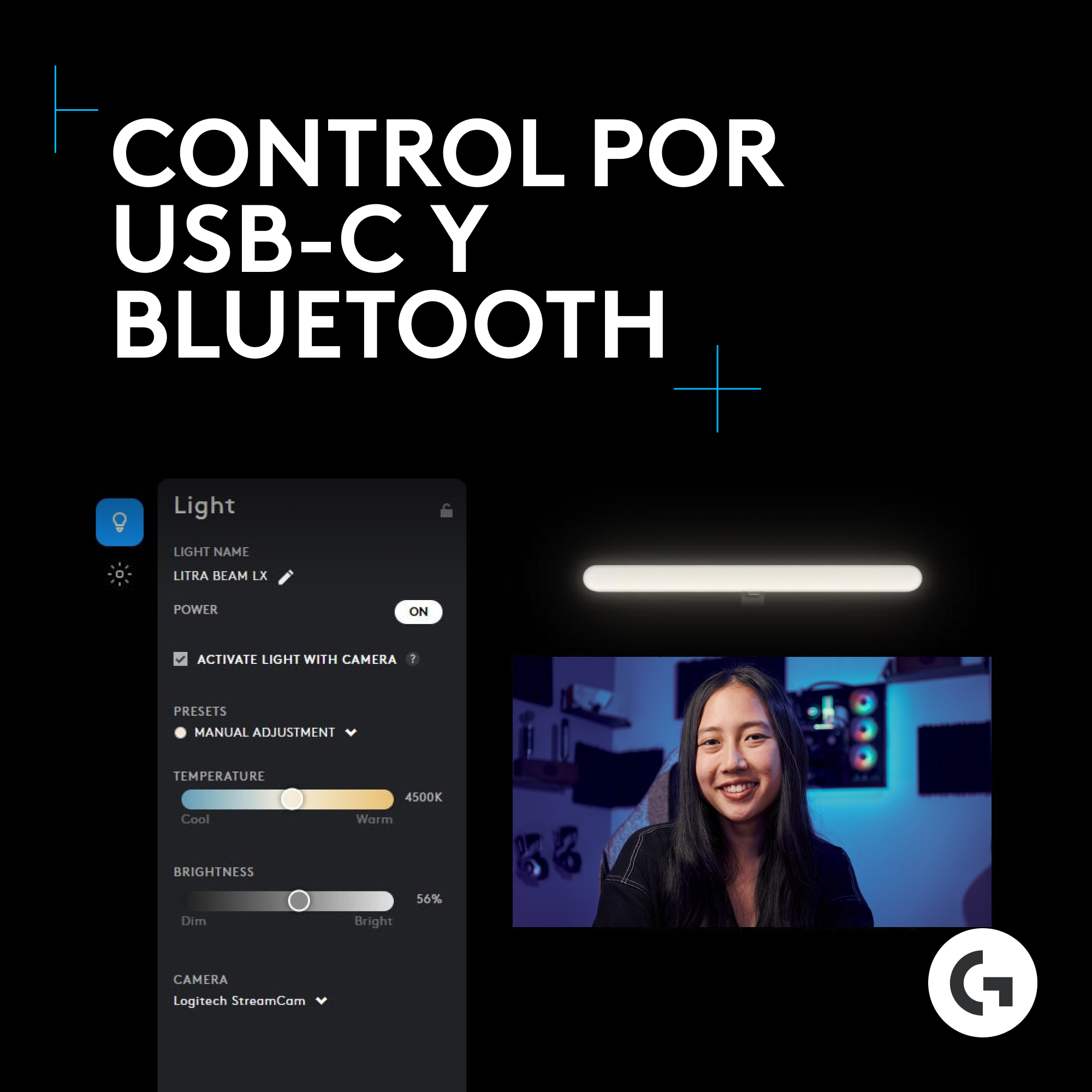 Mujer en una habitación con luz. La interfaz muestra la configuración de la luz. El texto dice control por USB-C y Bluetooth.