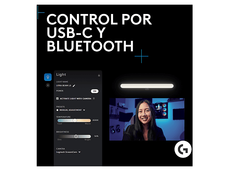 Lámpara - Logitech Litra Beam LX, RGB Lightsync, Tecnología TrueSoft, Temperatura de color, brillo y ajustables, USB-Bluetooth, Dos caras, Negro – imagen 2