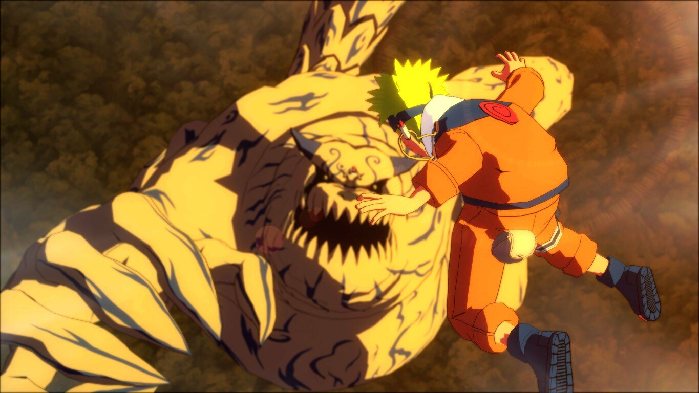 Naruto w pomarańczowym walczy z gigantyczną istotą. Scena ma słoneczne tło.