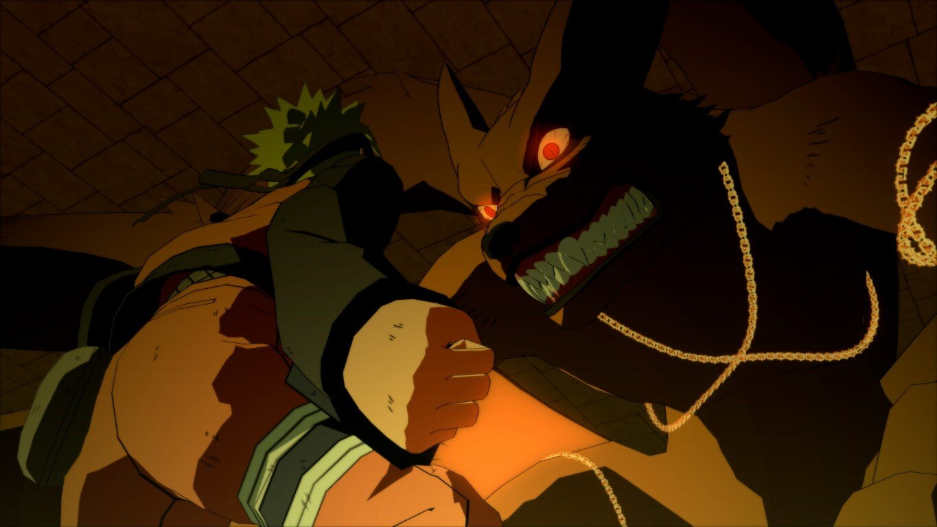 Naruto walczy z dużym lisopodobnym stworzeniem w słabo oświetlonej jaskini, obecne są łańcuchy. Intensywna scena akcji.