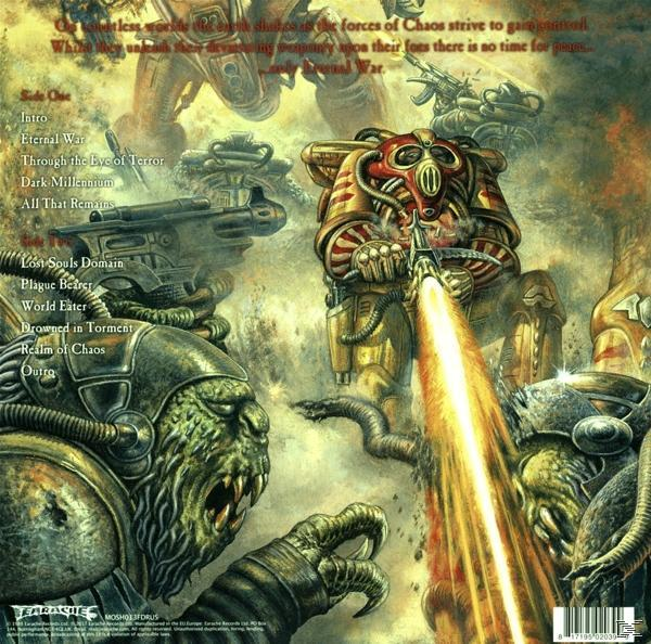 Album borítója sötét, sci-fi háborús jelenettel, harcosokkal és a számok listájával.